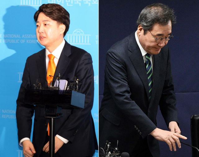개혁신당 이낙연 공동대표가 20일 합당 철회를 선언했다. 오른쪽은 이날 여의도 새로운 미래 당사에서 합당 철회 기자회견 하는 이낙연 공동대표. 왼쪽은 한 시간 후 국회에서 기자회견 하는 이준석 공동대표. 연합뉴스 제공.