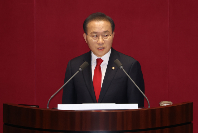 국민의힘 윤재옥 원내대표가 21일 국회에서 열린 본회의에서 교섭단체 대표연설을 하고 있다. 연합뉴스