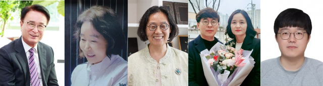 경상국립대학교 이색 졸업생들. 왼쪽부터 박동식 사천시장, 박성아 한국추사체연구회 고문, 국가무형문화재 나전장 전수자인 이현희 씨, 함께 박사학위를 받는 이병문 김서현 씨, 약사 국가시험 수석을 차지한 송현준 씨. 경상국립대 제공