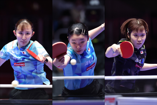 24일 열린 ‘BNK부산은행 2024 부산세계탁구선수권대회’ 여자단체전 결승에서 준우승한 일본의 하야타 히나, 하리모토 미와, 히라노 미우. 부산세계탁구선수권 조직위 제공