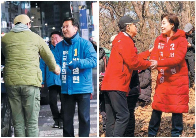 부산 동래에서 맞붙는 더불어민주당 박성현(왼쪽), 국민의힘 서지영 후보가 유권자들을 만나고 있다. 각 후보 제공