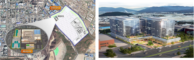 ‘2024년도 산단환경개선펀드 우선협상 사업(7개)’에 포함된 울산미포산단 방류수 재이용 개발사업(위치도, 왼쪽) 및 창원산단 업무복합시설 개발사업(조감도). 산업부 제공