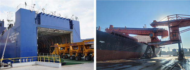 전환교통 보조금 지원사업’을 통해 화물 육상운송을 연안해운 운송으로 전환한 사례. 포항항에서 후판을 선적하는 모습(왼쪽) 및 동해항에서 석회석을 선적하는 장면. 해수부 제공