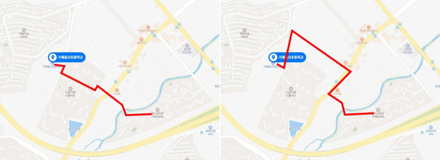 힐스테이트거제 재학생의 용산초등학교 등굣길 비교. 학교 옆 다샾디클리브 단지를 가로지를 경우 총거리는 470m(왼쪽)만 걸으면 되지만, 우회하면 1.2km를 돌아가야 한다. 학교 제공