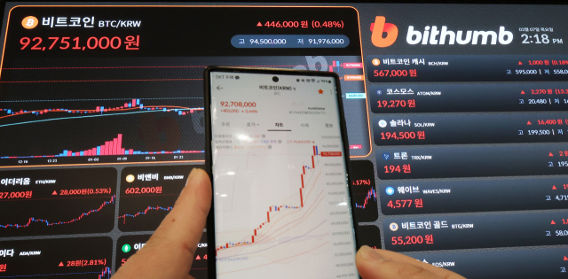 가상자산 거래대금이 유가증권시장의 거대대금을 앞섰다. 사진은 서울 서초구 빗썸 고객센터에 비트코인 가격이 표시된 모습. 연합뉴스