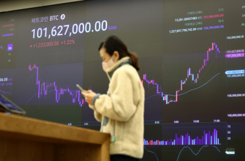 가상화폐 비트코인 가격이 연일 최고가 행진을 이어 가던 12일 오후 서울 강남구 업비트 라운지 전광판에 비트코인 원화마켓 시세가 표시되고 있다. 연합뉴스