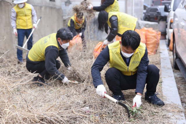 한국산업단지공단 노사 봉사단이 19일 대구 동구 서호동 일대에서 지역주민을 위해 폐가 부지의 정비 활동을 하고 있다. 산업단지공단 제공