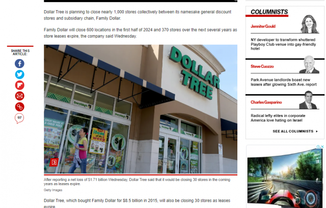 미국의 한 뉴스 사이트에서 한국의 다이소에 비견되는 미국 저가 상품 판매점 체인 패밀리달러가 매장 1000곳을 폐쇄하기로 했다는 뉴스를 전하고 있다.