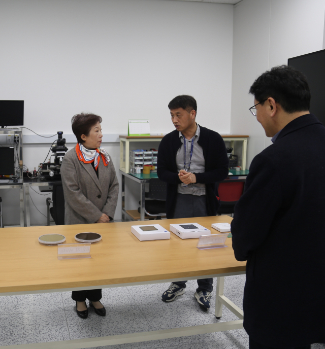 민병주 KIAT 원장이 지난 22일 와이솔 연구현장을 방문해 그간의 연구 성과에 대한 설명을 듣고 있다. KIAT 제공