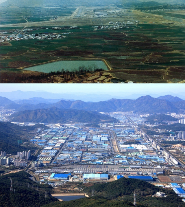 경남 창원국가산단의 과거와 현재. 위 사진은 1970년대, 아래는 2020년대 모습. 창원시 제공