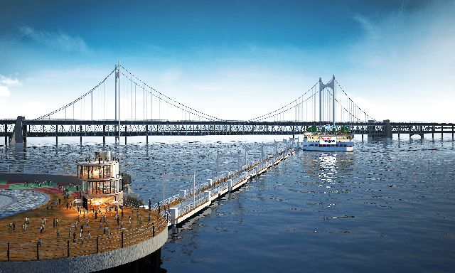 수영구 민락동 방파제 부근 웨일크루즈를 잇는 부교. 부산일보DB