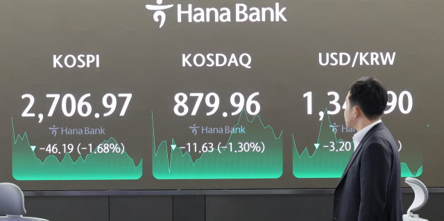 3일 서울 하나은행 본점에서 직원들이 증시와 환율을 모니터하고 있다.연합뉴스