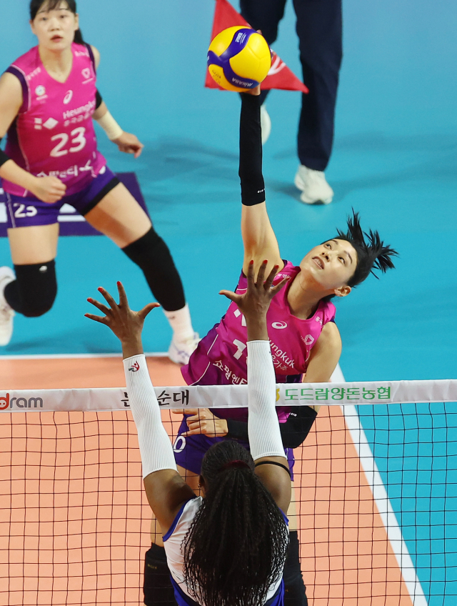 흥국생명 김연경이 지난 1일 인천 삼산월드체육관에서 열린 프로배구 V리그 여자부 챔피언결정전 3차전 현대건설과 경기에서 스파이크를 날리고 있다. 연합뉴스