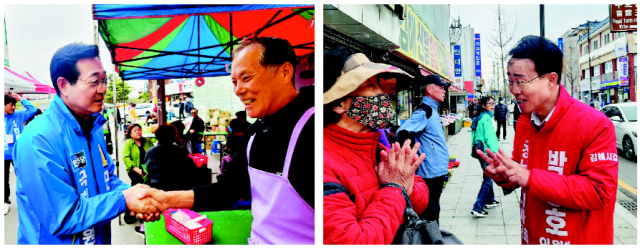 경남 김해갑은 보수 성향이 짙은 경남에서 3번 내리 더불어민주당이 승리한 지역구라는 점에서 양당 모두 총력전을 펼치고 있다. 민주당 민홍철(왼쪽) 후보와 국민의힘 박성호 후보가 지난 2일 서상동 오일장을 방문해 지지를 호소하고 있다.