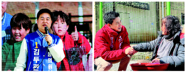 경남도지사간 리턴매치로 전국적 관심이 쏠리고 있는 경남 양산을 선거구에서 더불어민주당 김두관(왼쪽) 후보와 국민의힘 김태호 후보가 치열한 선거운동을 벌이고 있다. 각 후보 제공