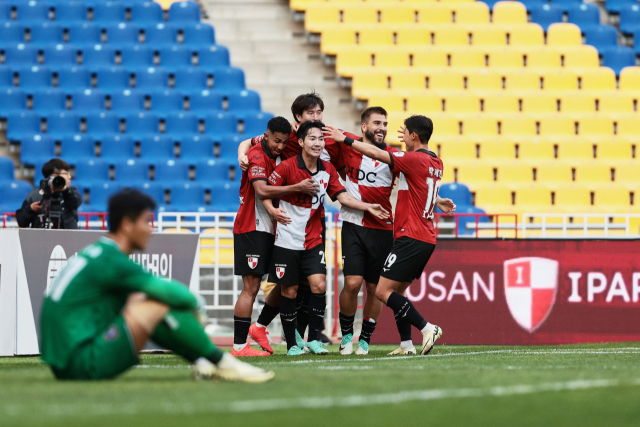 부산 아이파크 천지현이 지난 13일 FC안양과 홈 경기에서 3-3으로 균형을 맞추는 동점골을 터뜨린 뒤 동료 선수들과 함께 기뻐하고 있다. 부산 아이파크 제공