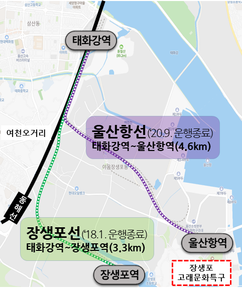 울산항선(태화강역~울산항역) 수소트램 운행산업 위치도. 울산시 제공