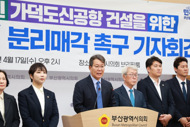 더불어민주당 부산시당은 17일 오후 부산시의회에서 에어부산 분리매각 촉구 기자회견을 열었다. 더불어민주당 부산시당 제공