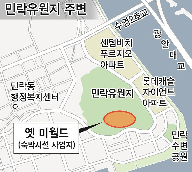 민락유원지 주변 숙박시설 사업지. 부산일보DB