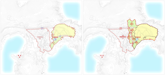 거제 해금강2지구가 지구단위계획 변경을 통해 관광·휴양 개발진흥지구 면적을 기존 5만 6774㎡에서 9만 2981㎡로 확장했다. 계획 변경 전(좌)과 후. 거제시 제공