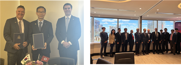 한국광해광업공단(KOMIR)-북부준주 핵심광물 MOU 체결 모습(왼쪽), 사업조사단-서호주 정부 및 유관기관 단체사진(오른쪽). 광해광업공단 제공