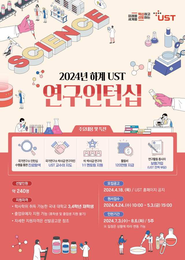 ‘2024년 하계 UST 연구인턴십 모집’ 안내. UST 제공