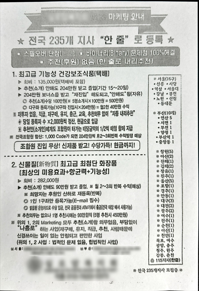건강기능보조식품, 신물질 화장품 관련 사업설명회 전단. 부산경찰청 제공