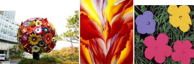 왼쪽부터 최정화의 '꽃나무'(2008), 조지아 오키프의 '붉은 칸나'(1923), 앤디 워홀의 '꽃'(1970).