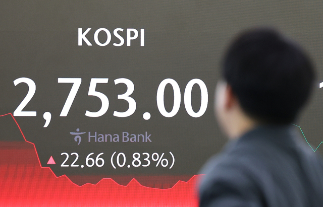 16일 오후 서울 중구 하나은행 본점 딜링룸 스크린에 코스피가 표시돼 있다. 연합뉴스