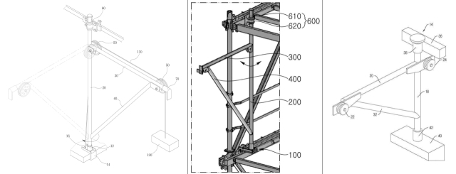 A사가 특허 받은 대빗 장치 개념도(왼쪽)와 B 조선소에서 사용 중인 대빗 장치 개념도(중간). 오른쪽은 C 조선소 대빗 장치 도면이다. 독자 제공