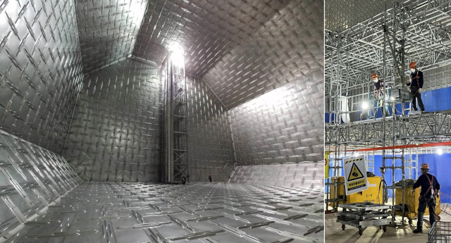 대빗은 LNG 운반선 저장탱크 내부에 설치한 철재 작업대 해체 때 필요한 안전장치다. 홀 안쪽에 와이어를 설치해 이동 시 무게가 한쪽을 쏠리는 것을 막는다. 왼쪽은 LNG 저장탱크, 오른쪽은 D 조선소 대빗 장치다. 독자 제공