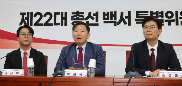 국민의힘 이철규 의원이 17일 오후 국회에서 열린 제22대 총선백서 특별위원회 전체 회의에 참석해 발언하고 있다. 왼쪽부터 곽규택 총선백서TF 위원, 이철규 의원, 조정훈 총선백서TF 위원장. 연합뉴스