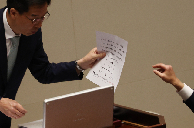 28일 오후 국회에서 열린 본회의에서 재의결 안건으로 상정된 '해병대 채상병 사망사건 수사외압 의혹 특별검사법'의 부결을 알리는 문서가 김진표 국회의장에게 전달되고 있다. 연합뉴스