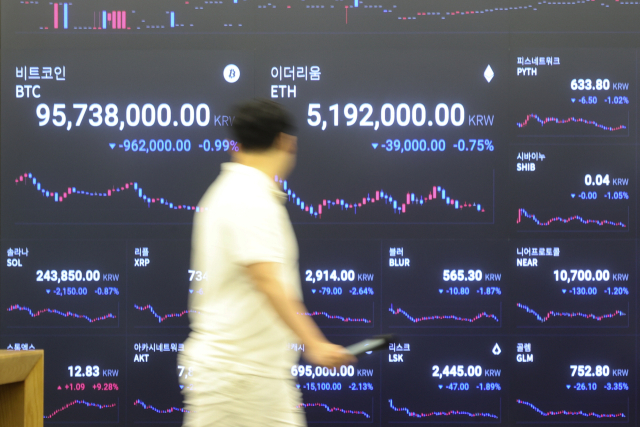비트코인 피자데이인 지난달 22일 서울 강남구 업비트 라운지 전광판에 비트코인과 이더리움 시세가 표시된 모습. 이르면 이달 중에는 미국에서 이더리움 현물 상장지수펀드(ETF)가 출시될 것이라는 전망이 우세하다. 연합뉴스
