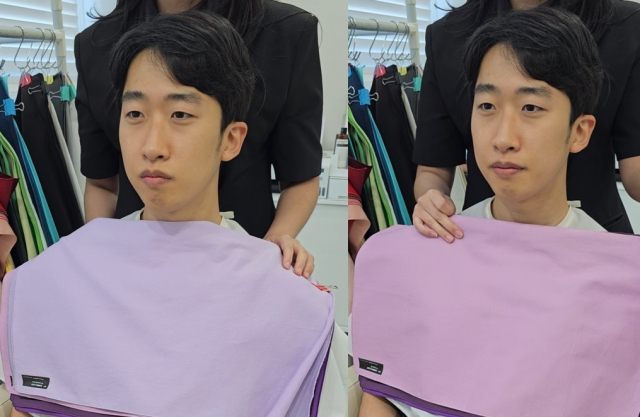 차갑고 시원한 색상(왼쪽)은 얼굴에 회색빛과 노란기가 동시에 돌게 하는 반면, 붉은기가 들어간 따뜻한 연보라색은 비교적 피부가 좀 더 맑아 보이게 하는 효과가 있더라고. 조경건 부산닷컴 기자