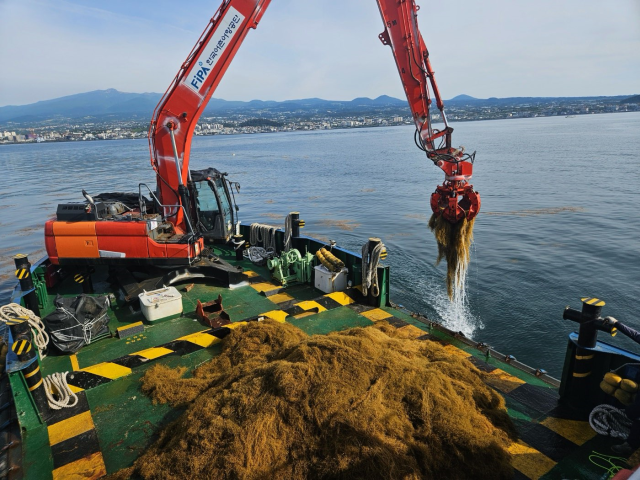 어항관리선 어항제주1호가 괭생이모자반을 수거하는 모습. 어촌어항공단 제공