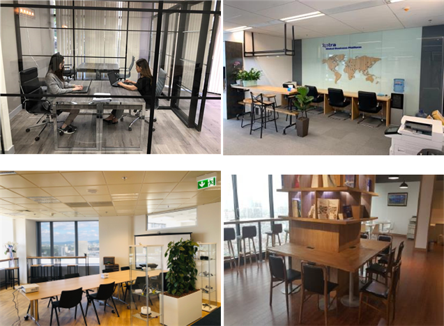 코트라 해외무역관내 공유형 사무공간. (좌측 상단부터 시계방향) 로스앤젤레스, 하얼빈, 하노이, 프랑크푸르트. 코트라 제공