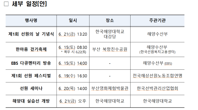 선원주간 세부일정. 해수부 제공