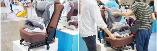 육아박람회에 선보인 어린이용 카시트. 사진 캡처