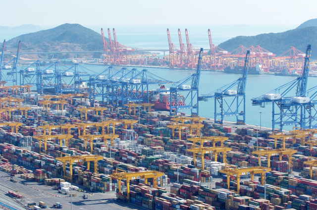 컨테이너 화물로 가득 찬 부산항 신항 전경. 부산일보DB