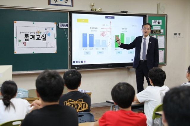 이형일 통계청장이 부산 광안초등학교에서 초등학생을 대상으로 통계 특강을 하고 있다. 통계청 제공