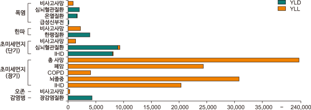 2019년 기후 변화에 따른 건강 관련 질병 부담(DALY=YLD+YLL). YLD(상병으로 인한 손실년수), YLL(조기 사망으로 인한 손실년수), IHD(허혈성 심장질환), COPD(만성폐쇄성폐질환). 질병관리청 제공