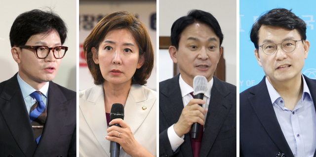 '김건희 여사 문자' 논란으로 국민의힘 전당대회가 요동치고 있다. 왼쪽부터 한동훈 당 대표 후보, 나경원 후보, 원희룡 후보, 윤상현 후보. 연합뉴스