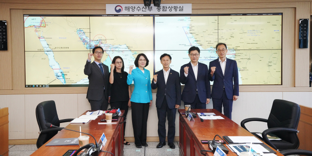 송명달 해양수산부 차관(왼쪽 네 번째)과 강인선 외교부 제2차관(왼쪽 세 번째)은 15일 오전 해수부 종합상황실에서 재외국민보호를 위한 양 부처 간 협업 추진사항을 논의하고 홍해·아덴만을 항해하는 우리 선원·선박의 안전을 점검했다. 해수부 제공
