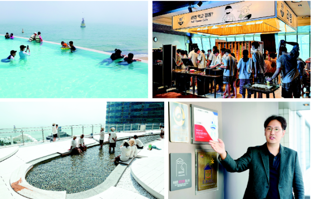 부산 해운대구 엘시티에 들어선 ‘클럽 디 오아시스’에 조성된 온천수 인피니티풀과 신세계 센텀시티 ‘스파랜드’에 마련된 라면카페에 줄을 선 사람들. 동래구 녹천온천호텔 박충열 대표가 동래 온천의 역사를 설명하는 모습, ‘클럽 디 오아시스’ 내 노천 족욕탕(왼쪽 위에서부터 시계방향). 정대현·이재찬·손희문 기자 jhyun@