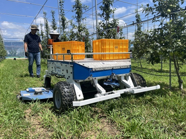 제초로봇은 1.5m 내 과수작업자 등 장애물이 있으면 정지한 후 장애물이 치워지면 다시 제초를 시작하게 했다. 또 제초로봇 하부에 접촉식 정지 장치를 붙여 로봇이 물체와 닿았을 때 바로 정지할 수 있도록 했다. 농촌진흥청 제공