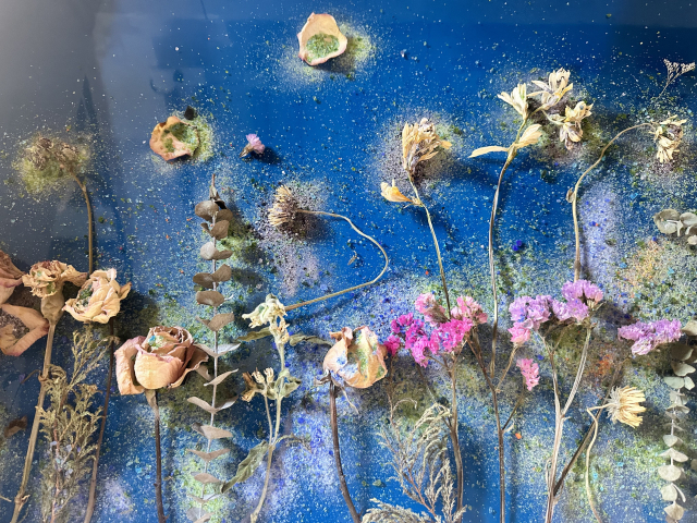 유리판 위에 마른 꽃과 유리 가루를 올려 성형하기 전 모습. 작가 제공