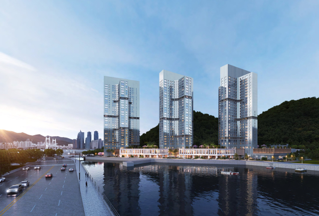 부산 남구 용호동 이기대공원 일대에 아이에스동서(주)가 건립을 추진하고 있는 아파트 조감도. 부산시가 주변 경관 훼손이 없도록 신중한 검토가 필요하다는 의견을 냈지만 남구청이 이를 묵살한 것으로 드러나 논란이 커지고 있다. 부산일보DB