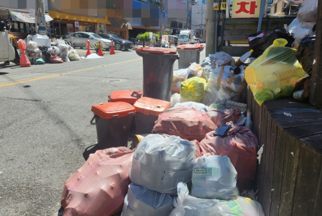 30일 오전 경남 창원시 성산구 상남상업지구에 재활용 쓰레기 등이 수북하게 쌓여 악취를 풍기고 있다. 강대한 기자