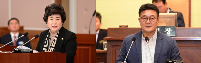 31일 제9차 본회의에서 각각 의장과 부의장에 선출된 국민의힘 신금자(왼쪽), 무소속 김두호 의원. 부산일보DB